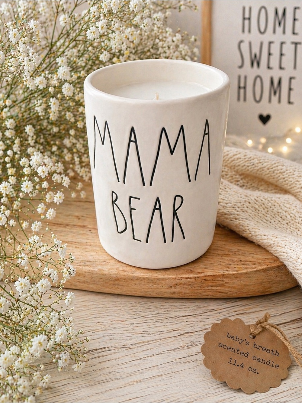 NEW Rae Dunn MAMA BEAR Baby’s Breath Scented Candle 11.4 oz Farmhouse Candle
